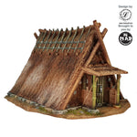28mm steep-roof Japanese farmhouse with removable roof and fireplace – Nippon Saga by Iain Lovecraft, printed by Mad Miniatures.