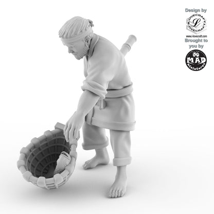 28mm miniature of a Japanese fisherman lifting a woven handnet with a fish, perfect for tabletop RPGs, wargaming, and dioramas.