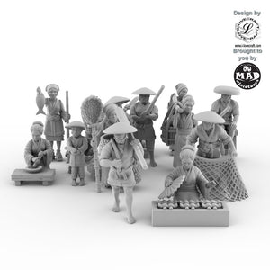 15 miniature set of Edo-period fishermen and market people from Nippon Saga 2 by Iain Lovecraft, featuring detailed resin prints for tabletop RPGs and dioramas. Available at Mad Miniatures.

