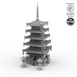 28mm Five-storey Japanese pagoda with detailed roofs and two large lanterns – Nippon Saga by Iain Lovecraft, printed by Mad Miniatures.