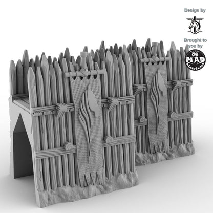 Two Viking-inspired wooden fortification walls with horse banners for 28–32 mm tabletop terrain.