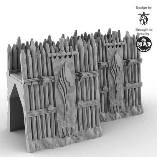 Two Viking-inspired wooden fortification walls with horse banners for 28–32 mm tabletop terrain.