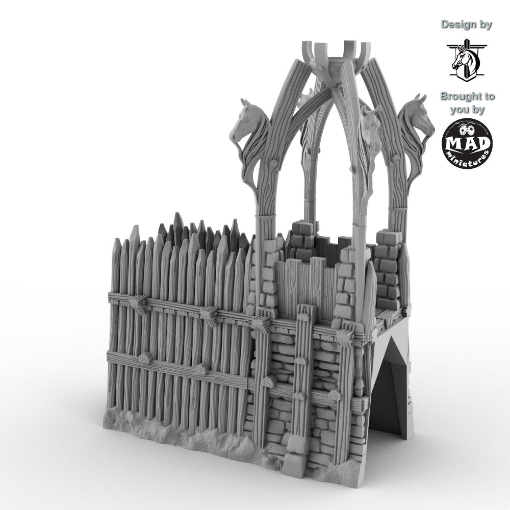 Right wall section with integrated horse-adorned fantasy tower for tabletop terrain.
