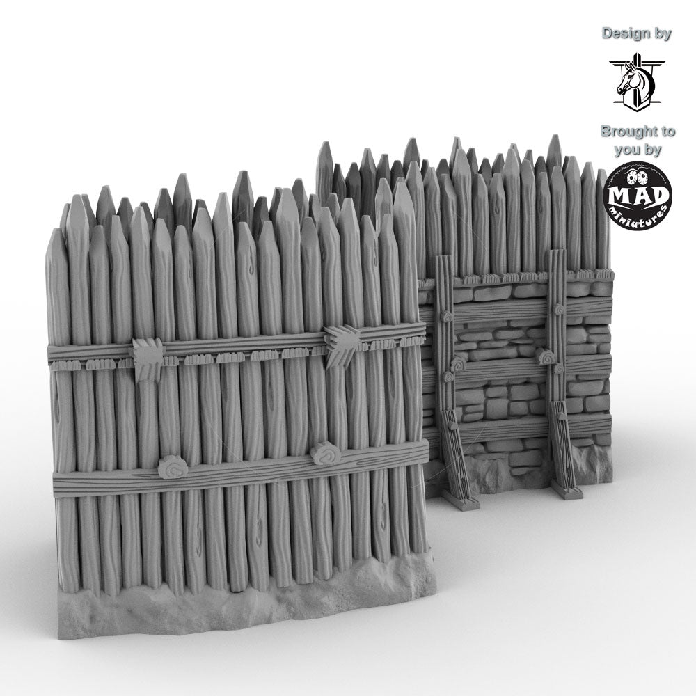 Two curved wooden fortification walls with stone supports for 28 mm tabletop terrain.