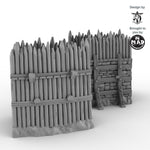 Two curved wooden fortification walls with stone supports for 28 mm tabletop terrain.