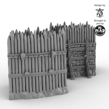 Two curved wooden fortification walls with stone supports for 28 mm tabletop terrain.