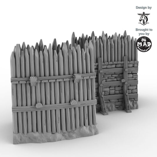 Two curved wooden fortification walls with stone supports for 28 mm tabletop terrain.