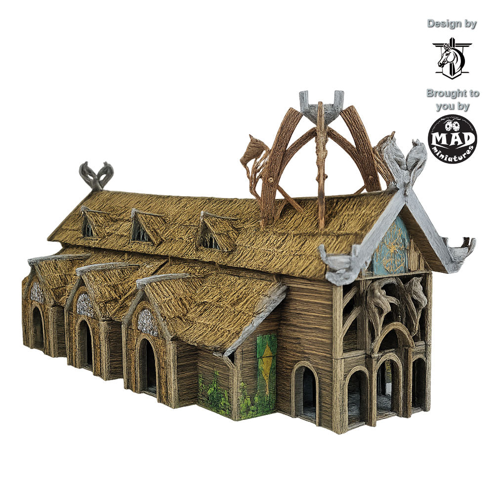 Horseheim Main Hall – detailed fantasy Viking-style central building with thatched roof and horse-head arches