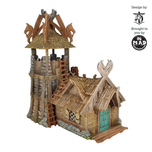 Detailed 3D printed Horseheim Outpost with tower and thatched cabin, Viking-inspired fantasy terrain.