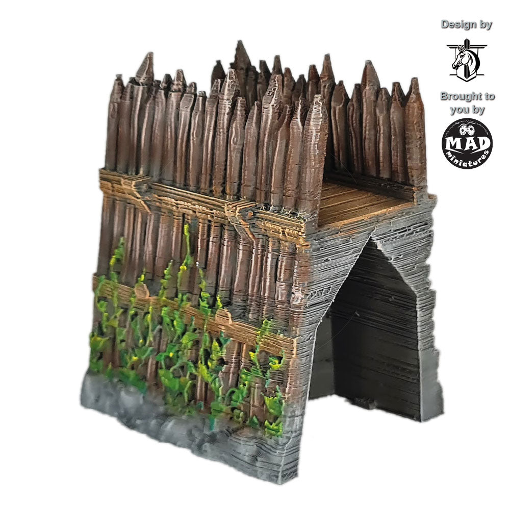 Two wooden fortification walls with dense leaf and vine details for tabletop terrain.