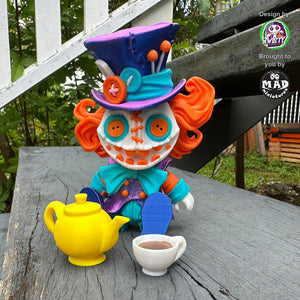 Mad Hatter sitting cross-legged with a teapot and cup, ready for a whimsical tea party
