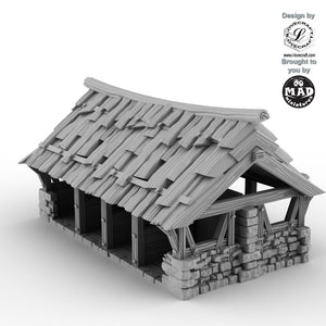 Rustic fantasy stable building with timber and stone design by Mad Miniatures