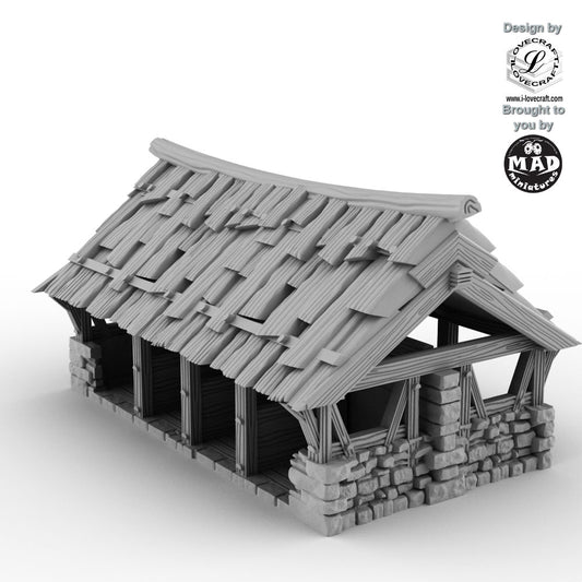 Rustic fantasy stable building with timber and stone design by Mad Miniatures