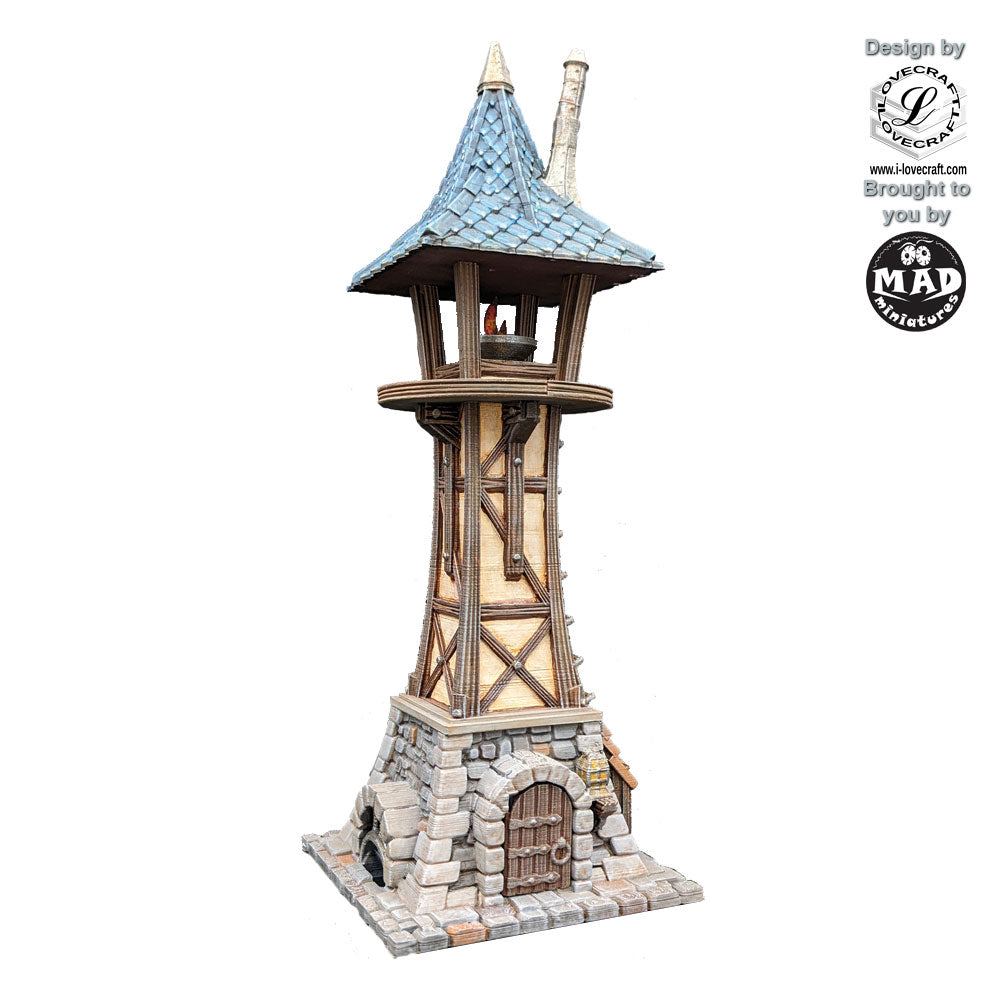 Fantasy Watchtower terrain building with stone base and timber frame by Mad Miniatures