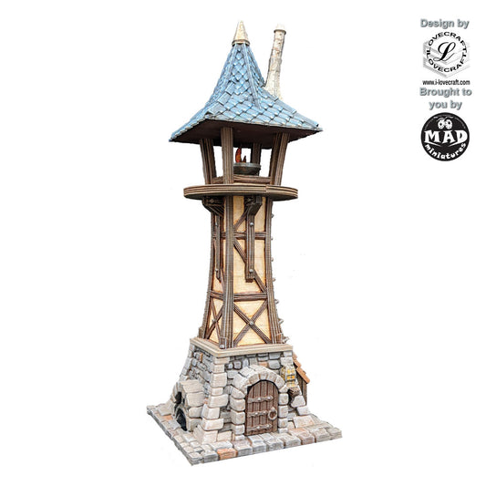 Fantasy Watchtower terrain building with stone base and timber frame by Mad Miniatures