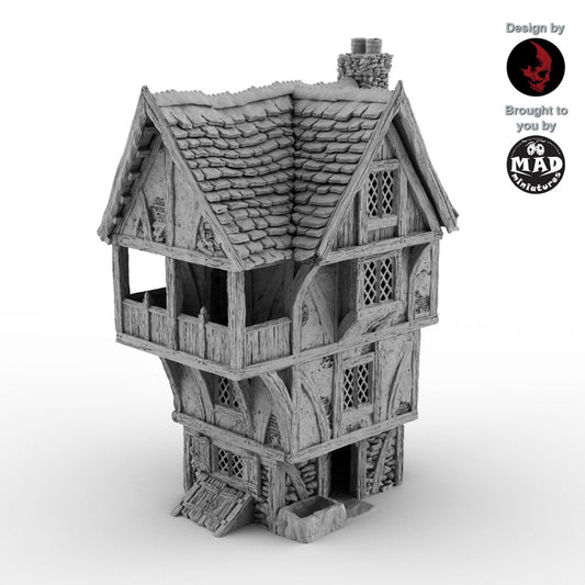 Granny Got Rich fantasy terrain building with balcony and stone base – 32mm scale