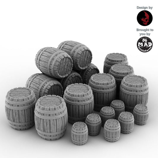 Set of 15 Helwick terrain barrels including small, large, and stacked designs