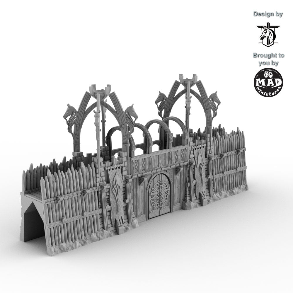 Horseheim Gate Set with carved banners – 3D-printed fantasy wooden palisade gate, designed by David Lann and made by Mad Miniatures