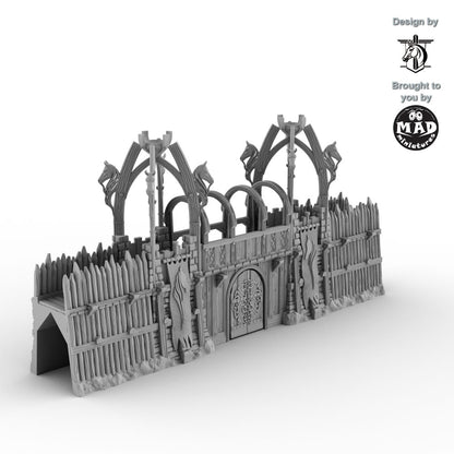 Horseheim Gate Set with carved banners – 3D-printed fantasy wooden palisade gate, designed by David Lann and made by Mad Miniatures