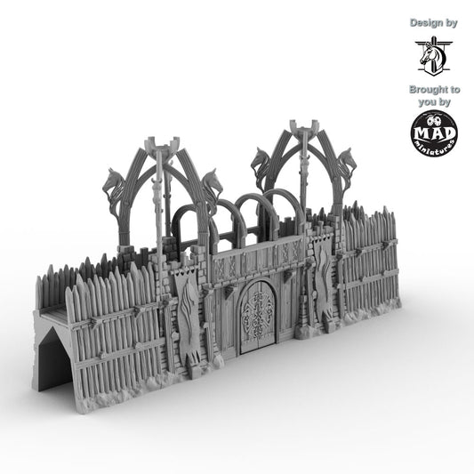 Horseheim Gate Set with carved banners – 3D-printed fantasy wooden palisade gate, designed by David Lann and made by Mad Miniatures