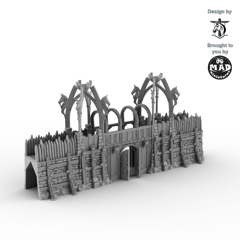 Horseheim Gate Set with carved banners – fantasy wooden palisade gate terrain designed by David Lann, 3D printed by Mad Miniatures