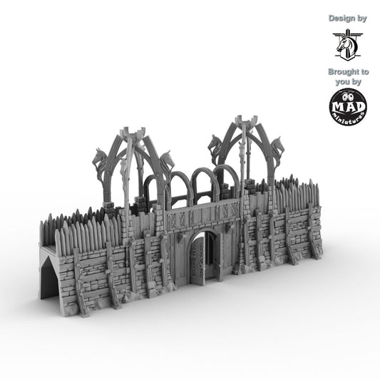 Horseheim Gate Set with carved banners – fantasy wooden palisade gate terrain designed by David Lann, 3D printed by Mad Miniatures
