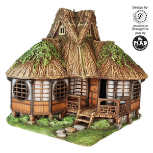 Geisha House (Okiya) terrain with sliding doors and detailed interior, designed by Iain Lovecraft and made by Mad Miniatures