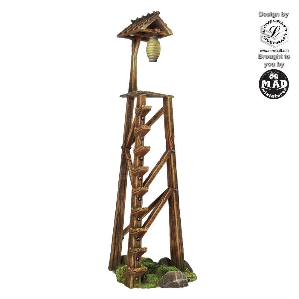Nippon Saga Lookout Tower terrain with lantern – designed by Iain Lovecraft, made by Mad Miniatures