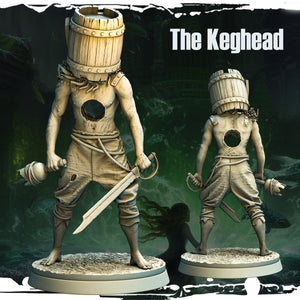 Keghead miniature from Mad Miniatures, designed by Monolith Arts for the Cursed Waters campaign, featuring a cursed pirate with a barrel fused to his head, a gaping bullet hole in his chest, armed with a sword and broken bottle.