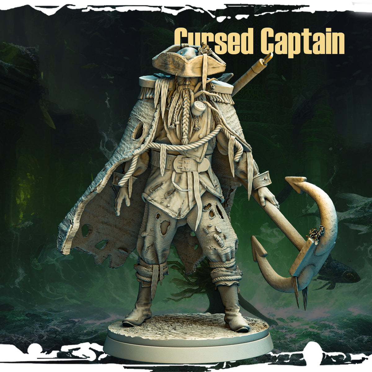 A detailed 3D-printed miniature of the Cursed Captain, a spectral seafarer wielding a massive anchor, from the "Terror on Cursed Waters" campaign by Monolith Arts.
