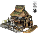 Rice Mill – Nippon Saga 2. A detailed Edo-period rice mill with a waterwheel, thatched roof, and raised wooden platform. Designed by Lovecraft, brought to you by Mad Miniatures.