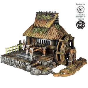 Rice Mill – Nippon Saga 2. A detailed Edo-period rice mill with a waterwheel, thatched roof, and raised wooden platform. Designed by Lovecraft, brought to you by Mad Miniatures.