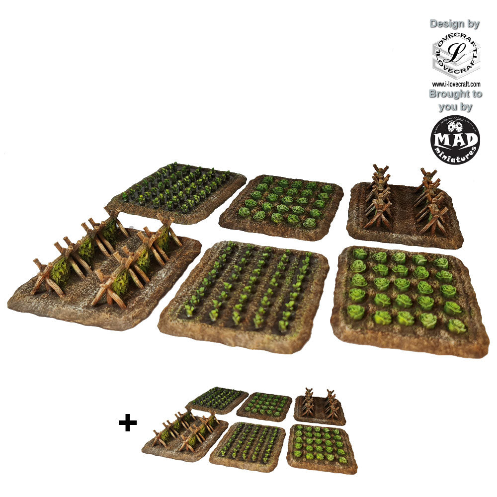 Set of Japanese-style 28mm crop field terrain pieces including lettuce, rice, and soybean trellises from the Nippon Saga collection