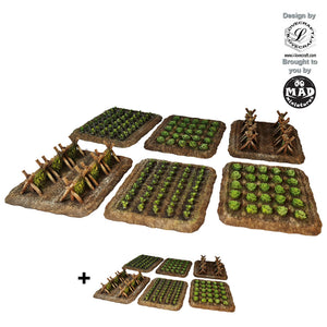Set of Japanese-style 28mm crop field terrain pieces including lettuce, rice, and soybean trellises from the Nippon Saga collection