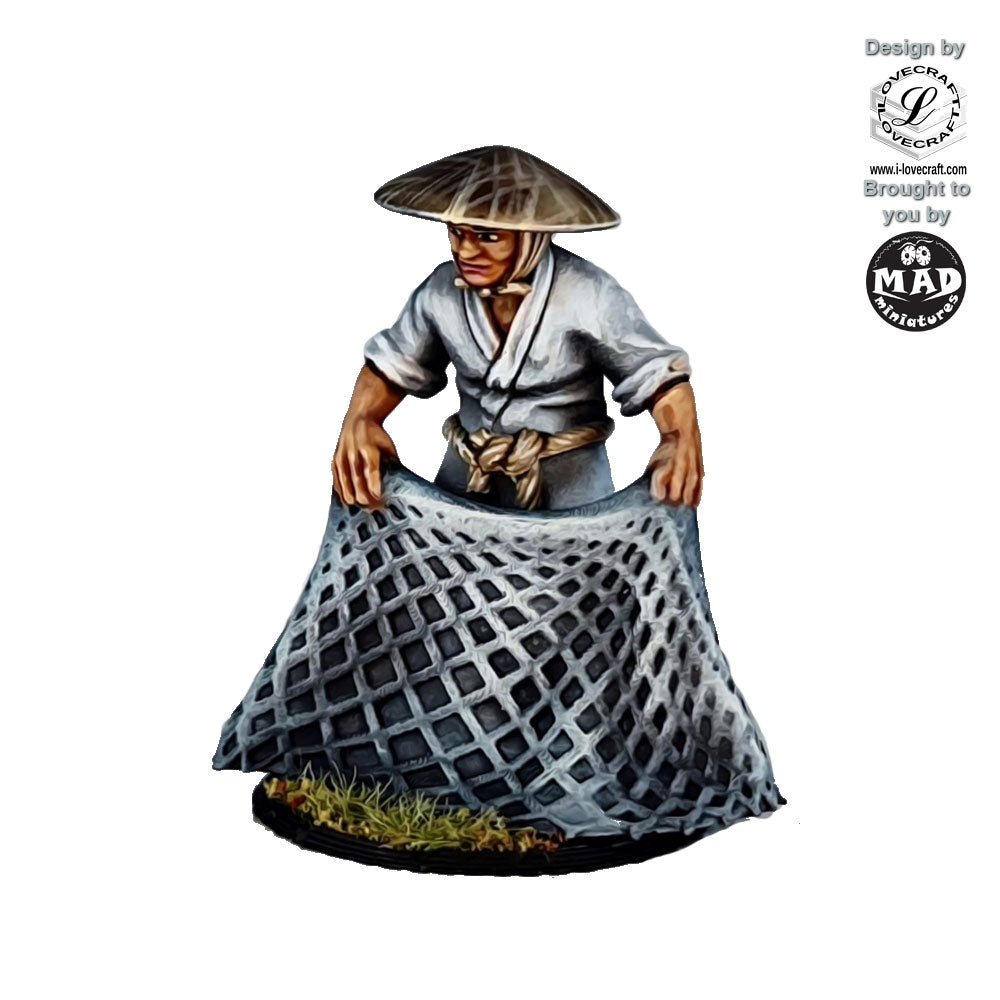 28mm miniature of an Edo-period fisherman in a white robe and straw hat, holding a fishing net, designed for tabletop gaming and dioramas.
