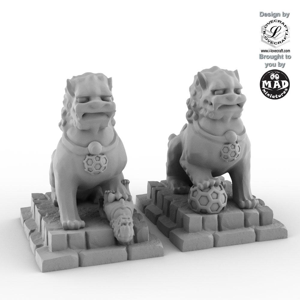 Foo Dogs statues from Nippon Saga by Mad Miniatures and Iain Lovecraft, detailed tabletop guardian miniatures.