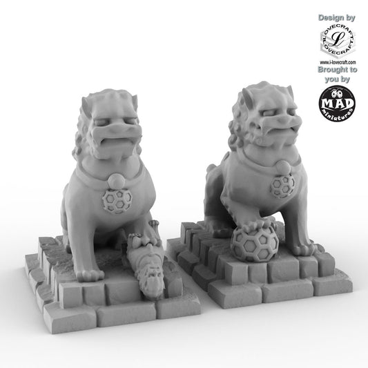 Foo Dogs statues from Nippon Saga by Mad Miniatures and Iain Lovecraft, detailed tabletop guardian miniatures.