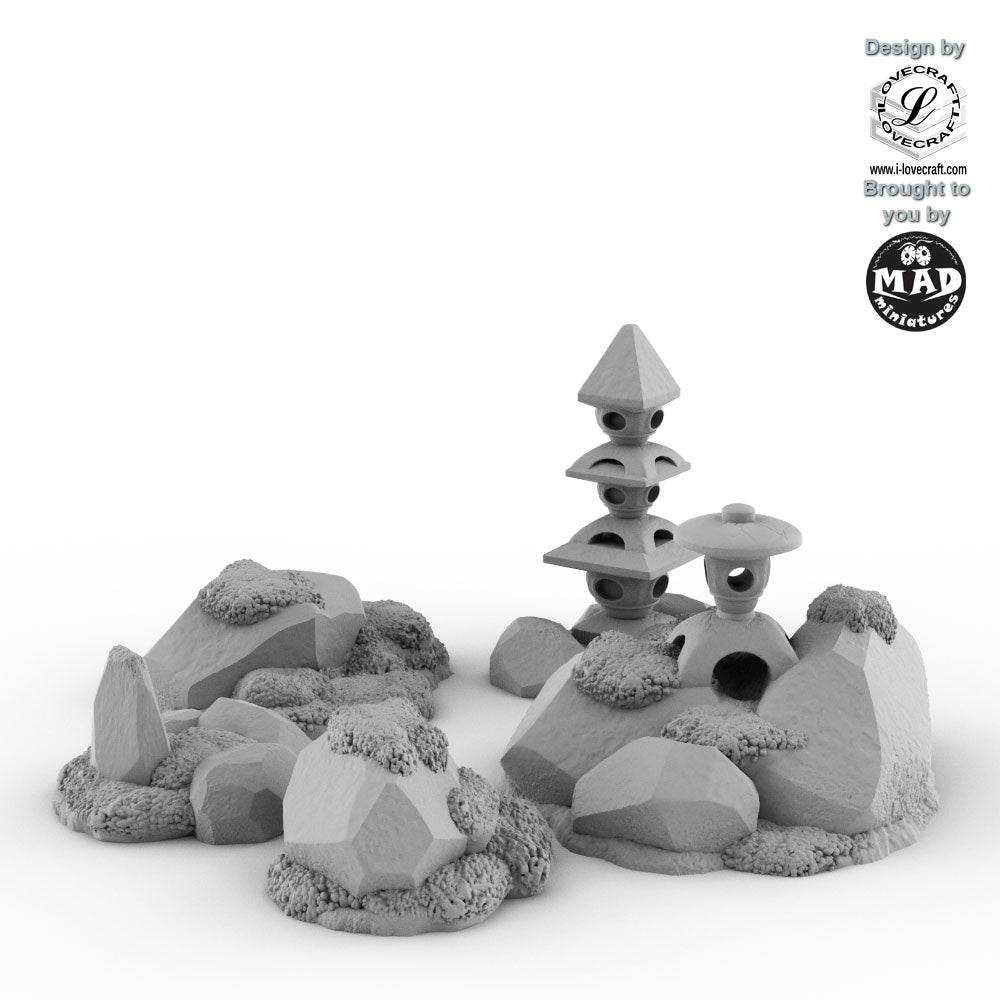 Nippon Saga garden decorations terrain set with lanterns and mossy stones by Monolith Arts, made by Mad Miniatures
