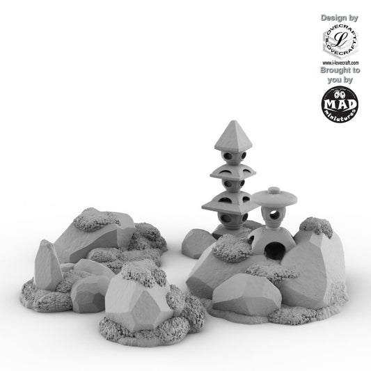 Nippon Saga garden decorations terrain set with lanterns and mossy stones by Monolith Arts, made by Mad Miniatures