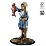 28mm miniature of an Edo-period girl in a blue robe, holding a bamboo pole and a freshly caught fish, designed for tabletop gaming and dioramas.