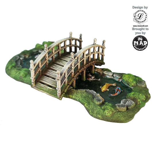 Guzei bridge over koi pond terrain piece with garden detail from the Nippon Saga collection by Mad Miniatures