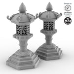 2 Horyuji Pagoda Lanterns, 86mm tall tabletop terrain from Mad Miniatures, designed by Iain Lovecraft
