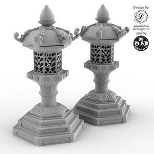 2 Horyuji Pagoda Lanterns, 86mm tall tabletop terrain from Mad Miniatures, designed by Iain Lovecraft