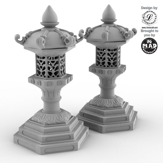 2 Horyuji Pagoda Lanterns, 86mm tall tabletop terrain from Mad Miniatures, designed by Iain Lovecraft