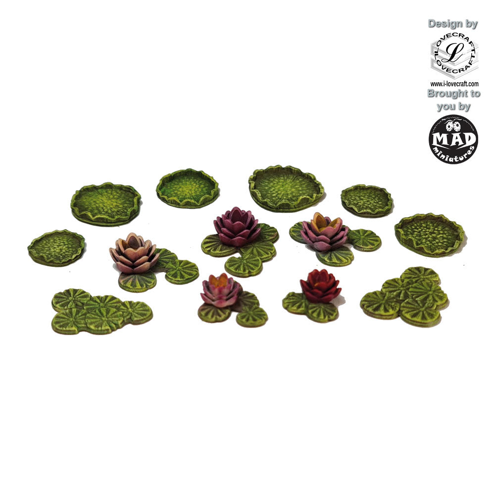 Set of 20 Nippon Saga pond plants with lilies, lily pads and cattails by Iain Lovecraft, made by Mad Miniatures