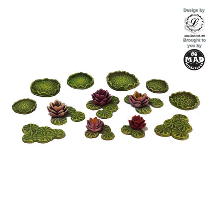 Set of 20 Nippon Saga pond plants with lilies, lily pads and cattails by Iain Lovecraft, made by Mad Miniatures
