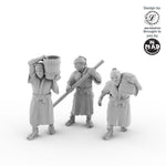 28mm miniature set of Edo-period sake brewery workers carrying barrels and sacks, designed as an add-on for the Sake Brewery, perfect for tabletop gaming and dioramas.