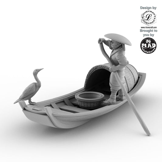 The Sampan Set from Nippon Saga – 28 mm scale miniature featuring a fisherman on a sampan boat with cormorant, designed by Iain Lovecraft and made by Mad Miniatures.