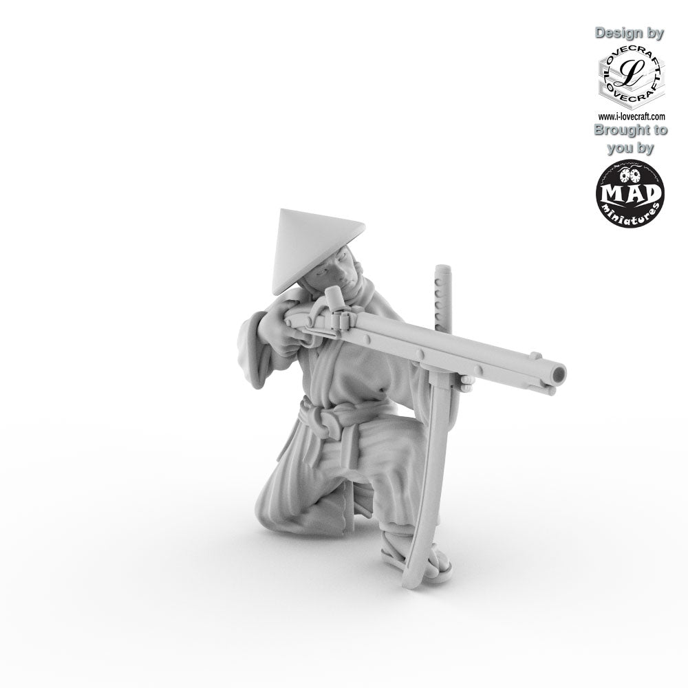 28mm miniature of an Edo-period sharpshooter kneeling, aiming a matchlock rifle, wearing a traditional robe and straw hat, designed for tabletop gaming and dioramas.
