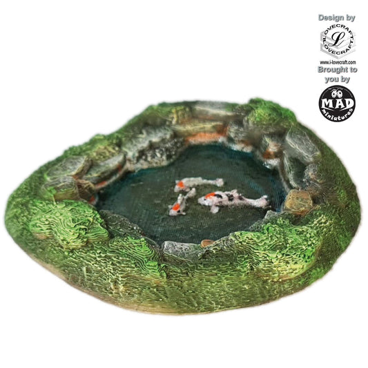 Small tabletop pond with koi fish – Nippon Saga terrain by Iain Lovecraft, brought to you by Mad Miniatures.